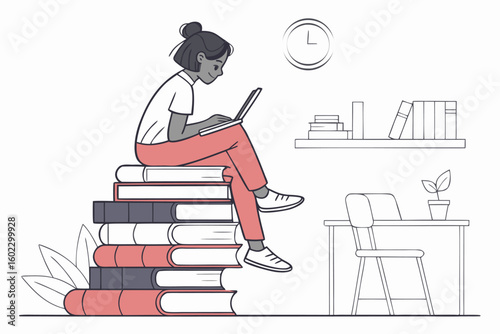Young person reading on stacked books in a cozy study area with a clock and desk during daylight hours