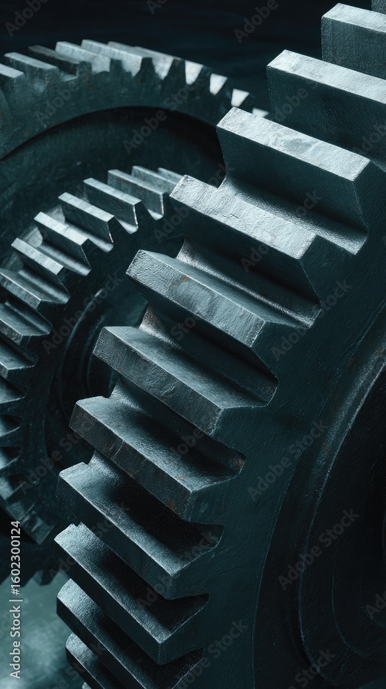 Fototapeta premium Close-up of large, dark-grey metallic gears interlocked, showing intricate detail and texture; suggests power and precision engineering