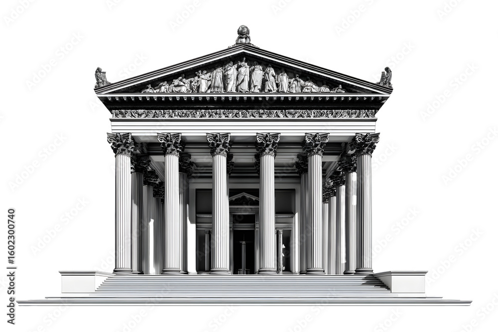 Obraz premium Isolated Classical Building Icon with Pillars in Black Line Art on Transparent Background , Institutional Vector Graphic Style