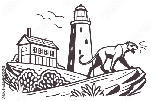 Lighthouse stands tall as a big cat roams the rocky shore near a quaint house surrounded by nature at sunset