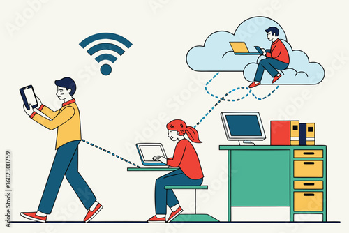 Connecting remotely through wireless technology while working from different locations and devices in a digital workspace