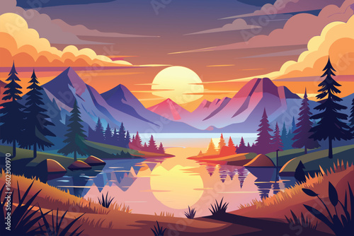 Majestic sunset over tranquil lake surrounded by mountains and forests reflecting vibrant colors in the peaceful water