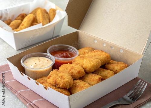 Delicious chicken nuggets and fries served in a takeaway box with dipping sauces