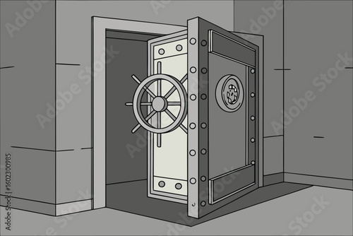 Massive vault door swung wide open in a dimly lit underground chamber revealing a secure storage area