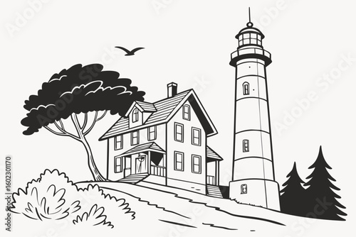 Lighthouse and house on a hillside surrounded by trees and bushes in a serene coastal landscape during the day