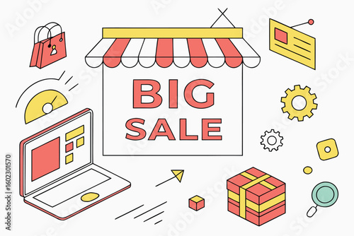 Big sale announcement featuring various online shopping elements with a store sign and icons representing discounts and promotions