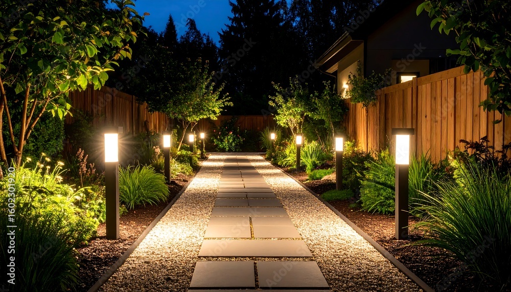 Fototapeta premium Well-lit garden path at night
