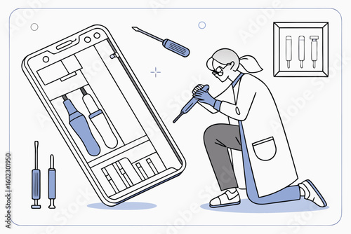 Technician repairing smartphone with tools in modern workshop