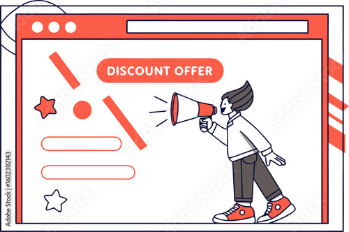 Person with megaphone announces discount offer on a webpage with stars and input fields promoting a sale or promotion