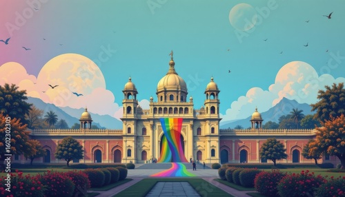 a cultural architectural lgbt pride background with indian palace silhouettes and pride inspired mandalas, with fresco inspired pride murals, used in academic and historical pride publications.