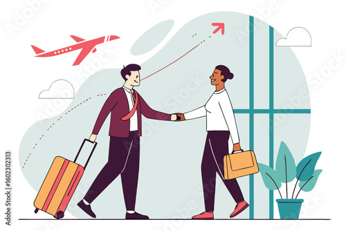 Business professionals meet at airport for travel collaboration while holding luggage with airplane in background, signifying networking and partnership opportunities