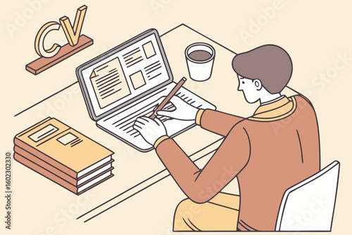 Individual preparing a resume at a desk with a laptop, coffee, and stacked books in a home office environment