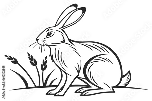 Sitting rabbit surrounded by grass in a natural setting