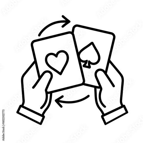Two hands swapping playing cards icon in outline style representing card exchange action