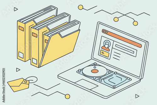 Digital workspace featuring file folders and a laptop with a user profile and music mixer, ideal for creative projects and organization