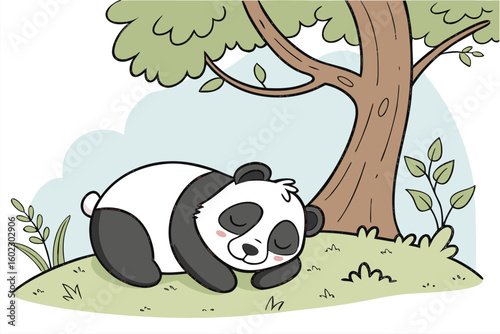 Panda resting peacefully under a tree in a serene natural setting during daylight