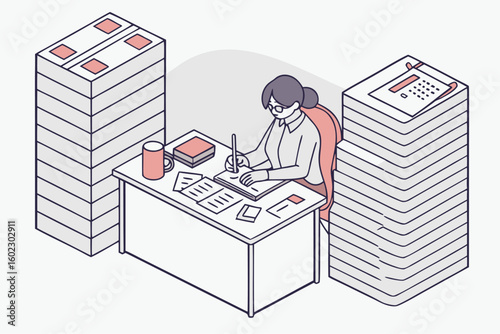 Person working at a desk surrounded by stacks of paperwork in a modern office environment during the day