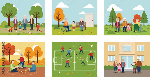 Grandparents spending time with grandchildren outdoors, playing, walking, relaxing on benches, and bonding in nature, family generation illustration