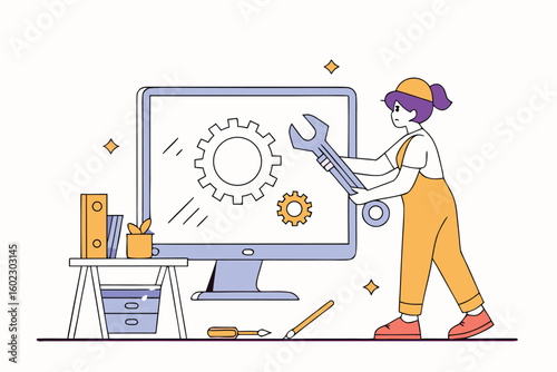 Illustration of a person repairing a computer with a wrench while using a desk workspace filled with tools and office supplies