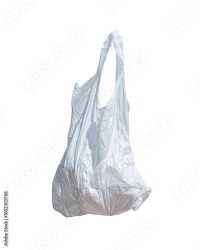 A white plastic shopping bag hangs