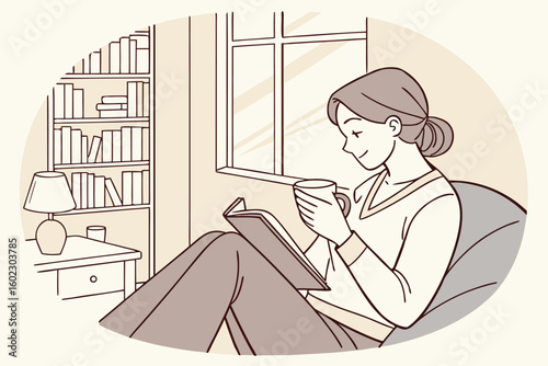 Cozy indoor reading session in a warmly lit room with a woman enjoying a book and a cup of tea during a quiet afternoon
