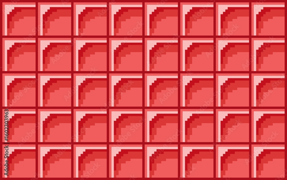 Naklejka premium 8-bit pixel art background featuring a seamless pattern of red and pink striped blocks, creating a dynamic, abstract floor texture. Ideal for retro game designs, background and digital art projects.