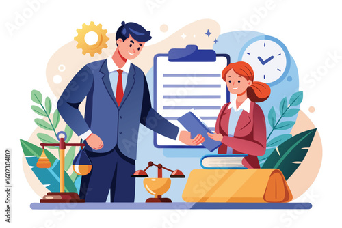 Lawyer discussing case with client at office while clock shows afternoon and paperwork is arranged on desk near legal scales
