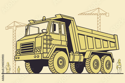 Construction vehicle operates at a building site with workers and cranes in the background during daylight hours, emphasizing the busy atmosphere of a construction project