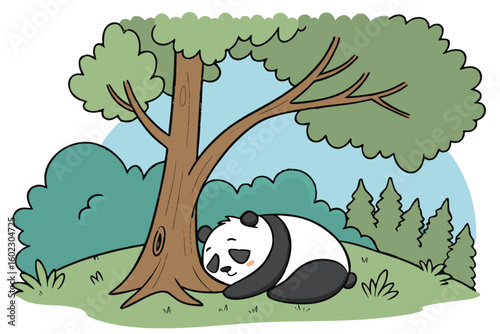 Panda resting peacefully under a tree in a lush green landscape during a sunny day