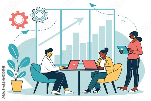 Collaboration in a modern office setting with diverse individuals working on laptops and a tablet, showcasing teamwork and productivity in a professional environment