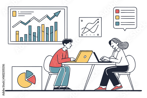 Collaborative work session between two individuals focused on data analysis and creative problem-solving in a modern office environment with charts and graphs