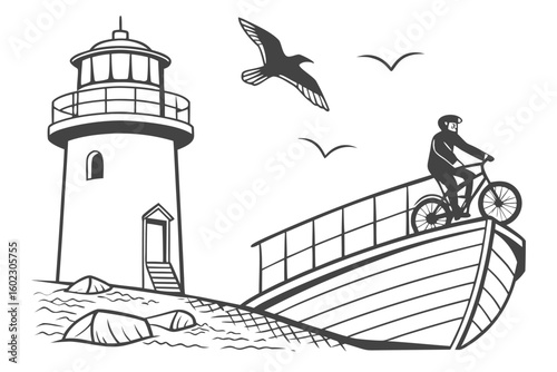 Cyclist riding on a boat near a lighthouse with seagulls flying in the background during a calm day by the water