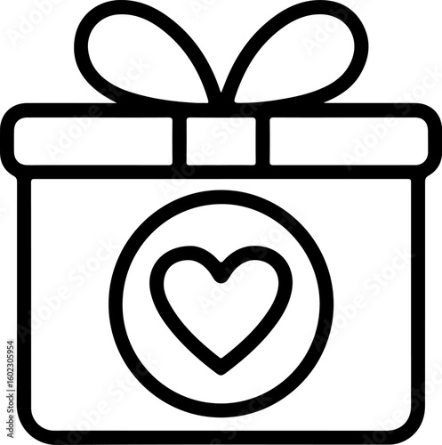 Simple line art icon of a gift box with a heart symbol and bow