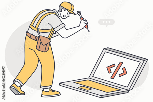 Worker with a wrench repairs laptop while wearing a tool belt and cap in a simple graphic illustration
