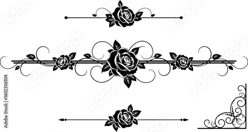 Vector art of black and white floral ornaments with roses and decorative swirls isolated on white background