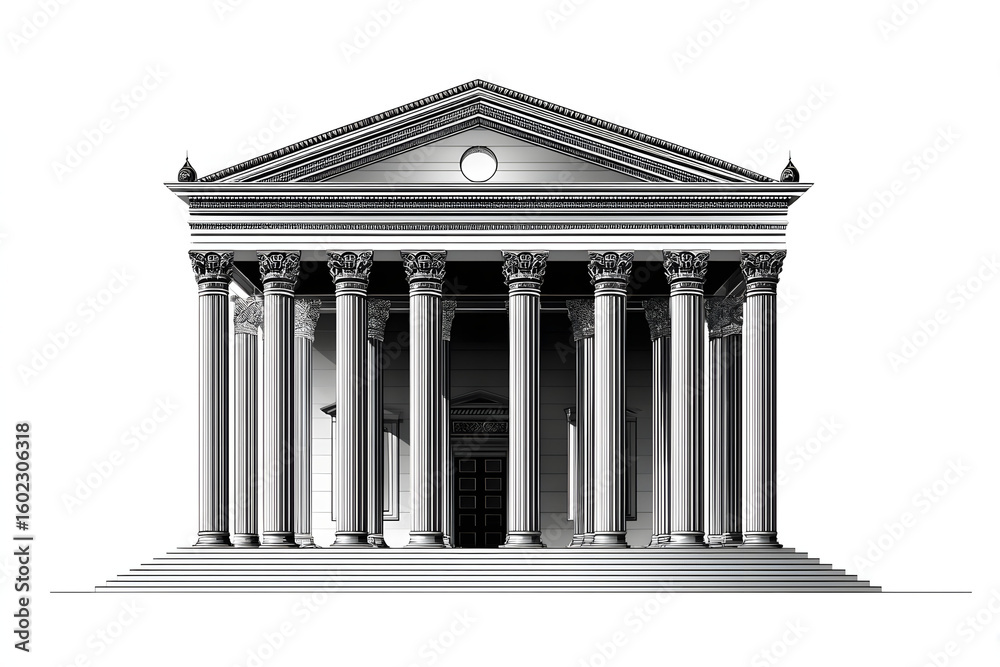 Fototapeta premium Isolated Classical Building Icon with Pillars in Black Line Art on White Background , Institutional Vector Graphic Style