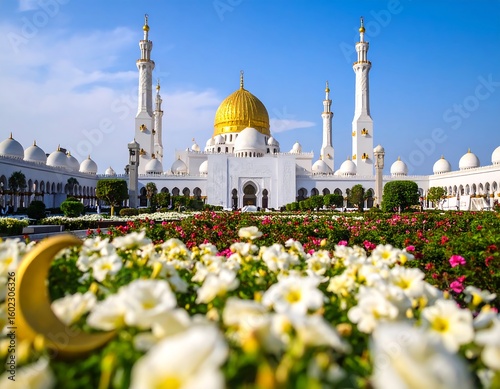 White mosque, vibrant flowers, sunny day