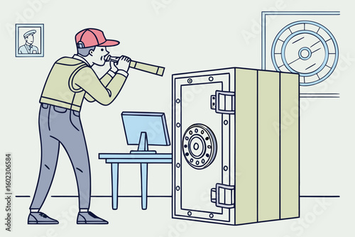Intruder uses telescope to inspect a secure vault in a dimly lit office while planning a heist at night