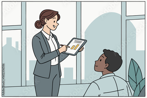 Business presentation in an office setting with a professional woman using a tablet to explain data to a colleague in a modern workspace during the day