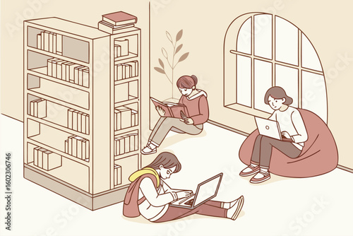 Students engaged in study and reading activities in a cozy library setting during the afternoon hours surrounded by books