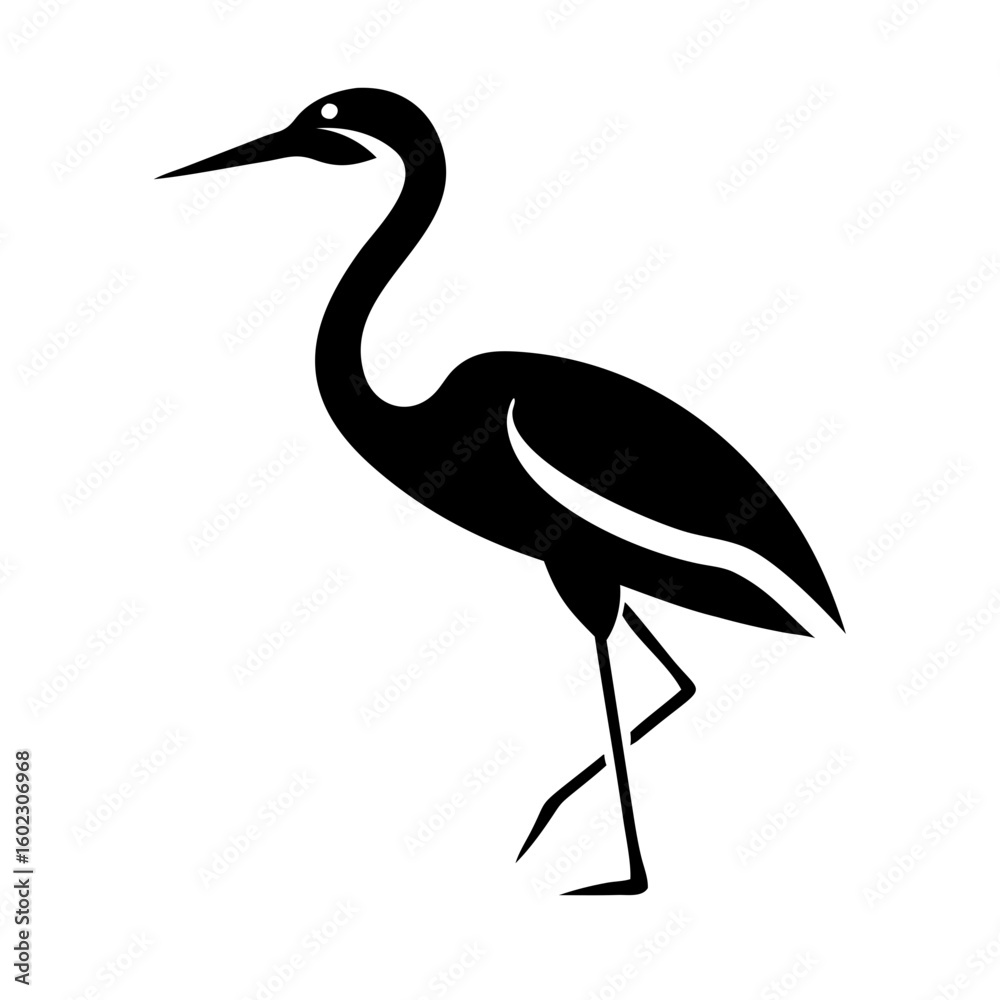 Obraz premium Buck bird Minimalist bird illustration, black outline, white background, long-necked wading bird, heron silhouette, simple curved lines, graphic design style, vector art, stylized wildlife icon, clean