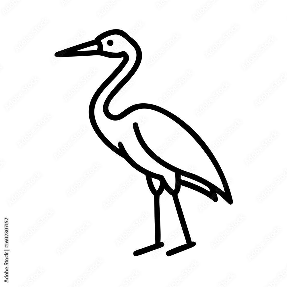 Obraz premium Buck bird Minimalist bird illustration, black outline, white background, long-necked wading bird, heron silhouette, simple curved lines, graphic design style, vector art, stylized wildlife icon, clean
