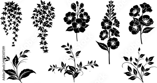 Vector art of assortment of floral elements and vines in silhouette isolated on white background
