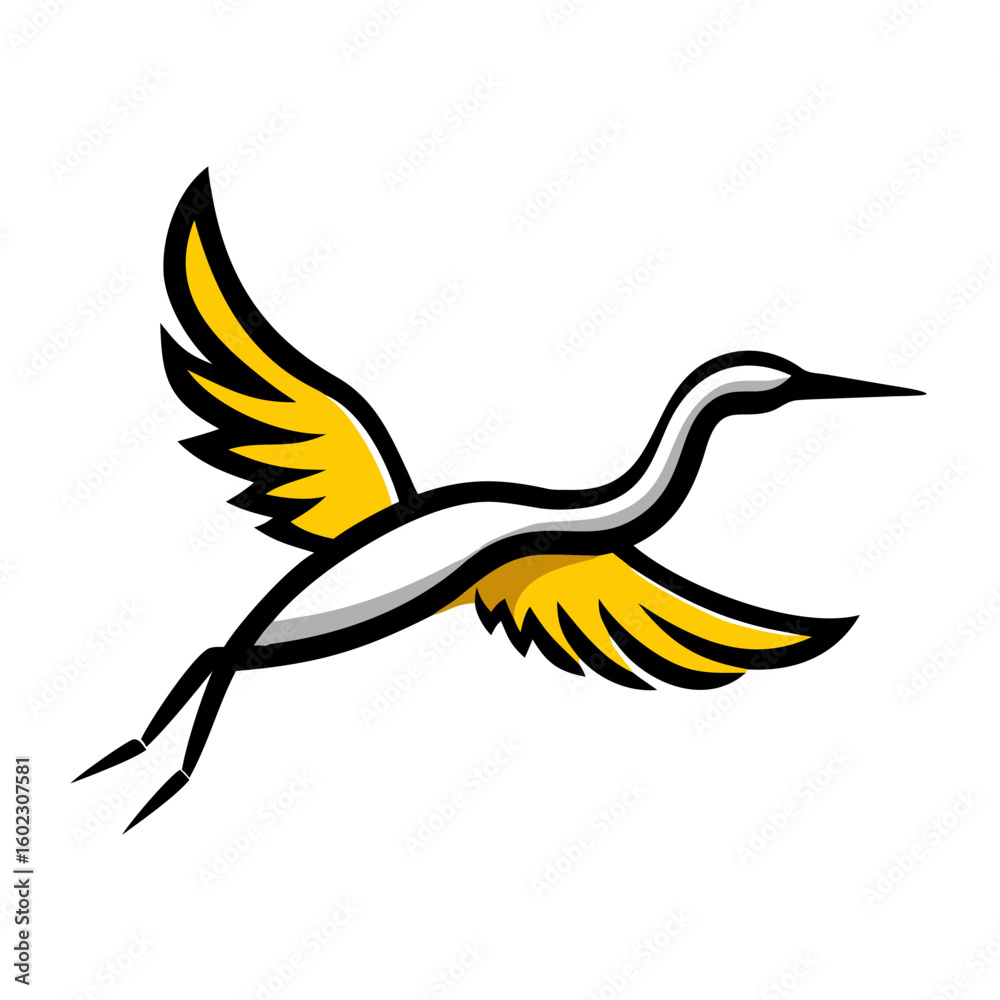 Fototapeta premium Buck bird Minimalist bird illustration, black outline, white background, long-necked wading bird, heron silhouette, simple curved lines, graphic design style, vector art, stylized wildlife icon, clean