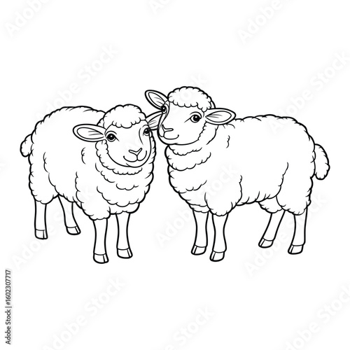 Sheep grazing in a field Coloring Page, Silhouette, Vector, Illustration, Outline, Line Art, Icon, White Background.