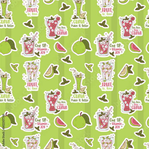 Seamless Pattern with Guava Drink smoothie on Green on striped Background with cool phrases, tropical fruits and Mint leaves. Summer Refreshing Cocktail. Vector illustration