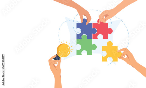 Teamwork concept, collaborative idea development, employee participation concept, interaction to get a solution. Business creative illustration for web banner.