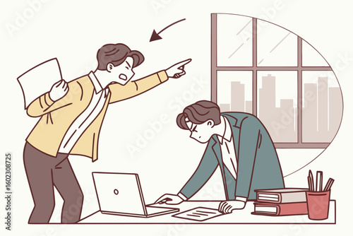 Office confrontation occurs between two men who are arguing over a project during a busy workday in a modern office setting with a city skyline view