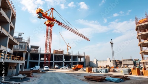 Construction site with crane, concrete, and building materials,   foundation,  construction