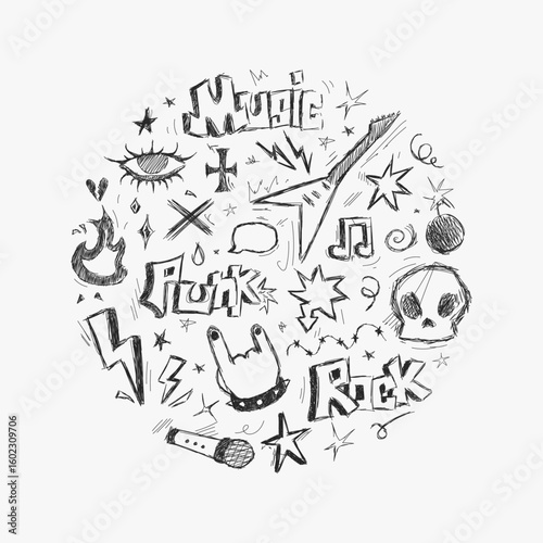 Set of punk rock style drawings, music star. Hand drawn musical guitar, microphone, skull. Funny graffiti in the form of star, arrow, crown, speech bubble, grunge decor elements.